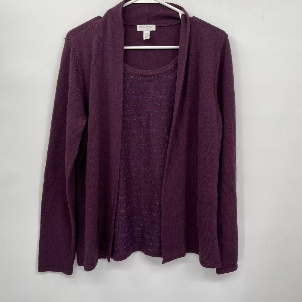 Charter Club PM Twin Set Womens Purple Cardigan Shell Metallic Stripe
